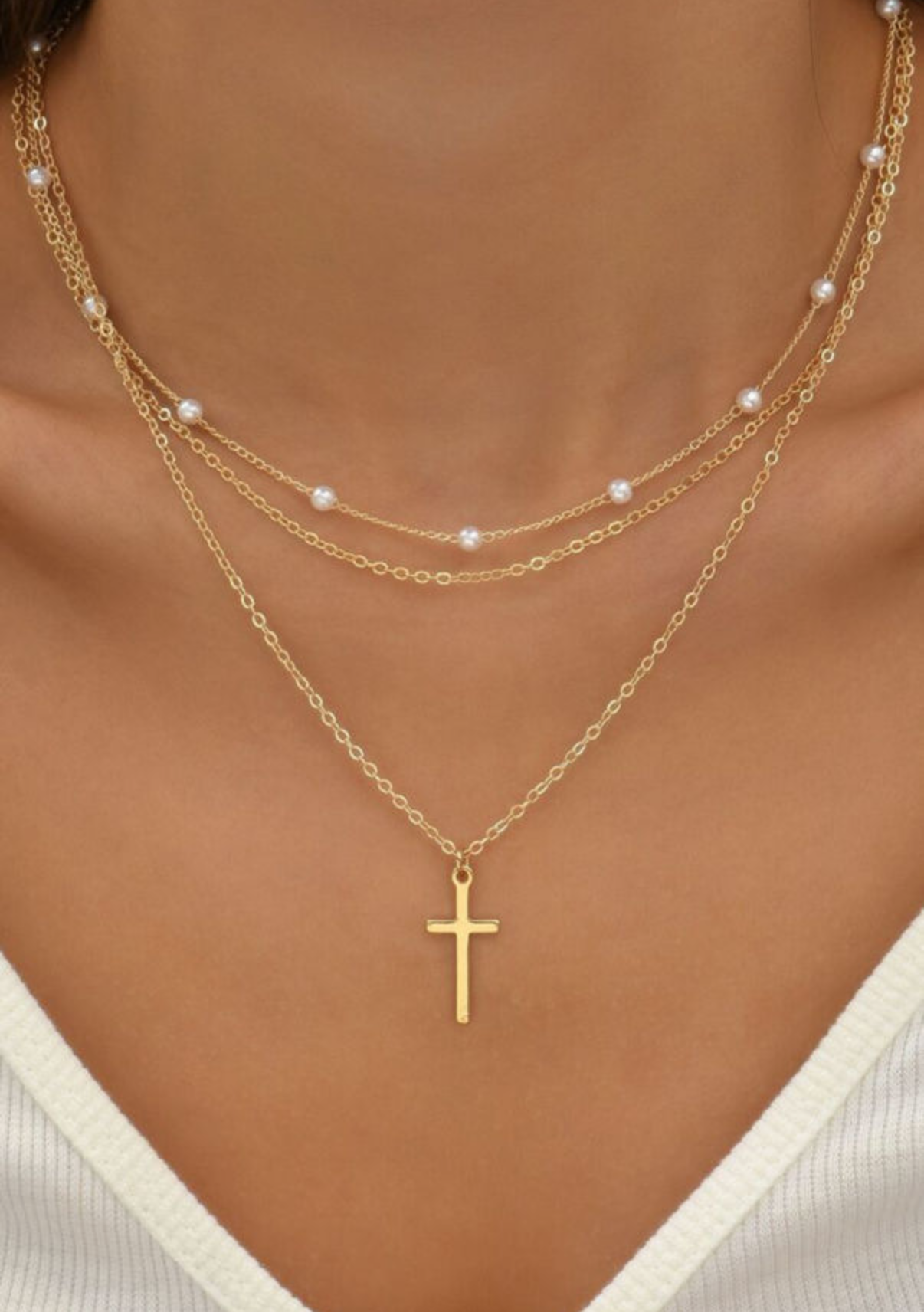 Gold & Pearl Triple Layer Cross Necklace